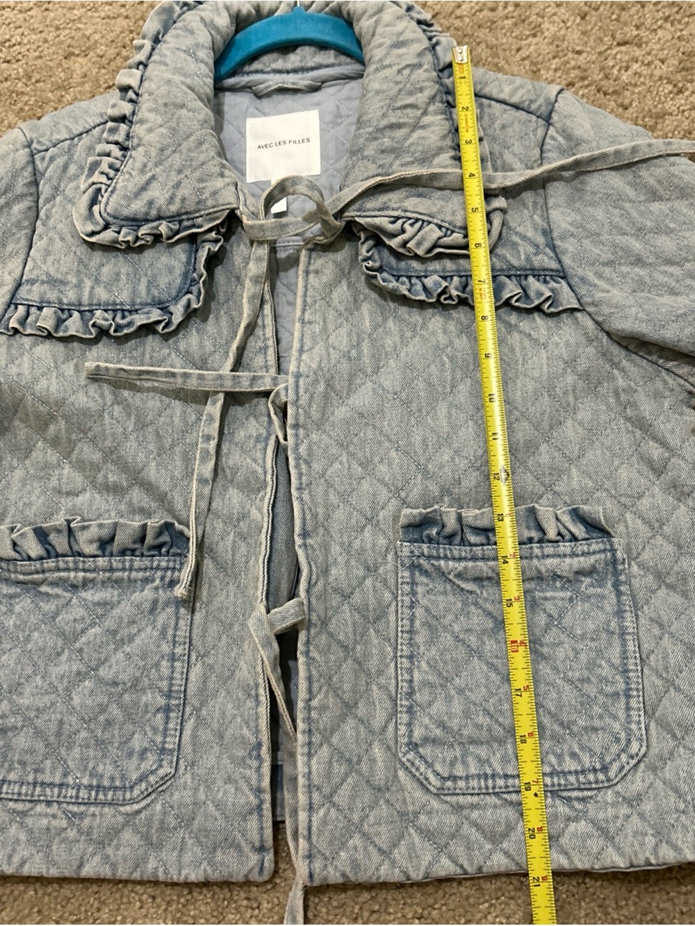 Avec Les Filles Denim Quilted Jacket Maura Bow Tie Preppy Boho Medium NWT - Picture 8 of 12